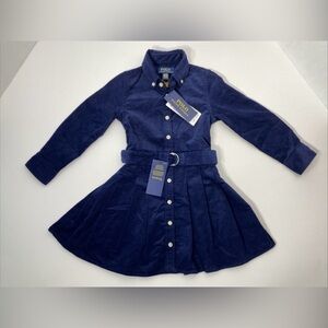 Polo Ralph Lauren Little Girls BELTED PLEATED CORDUROY SHIRTDRESS SZ 3 NAVY NWT!